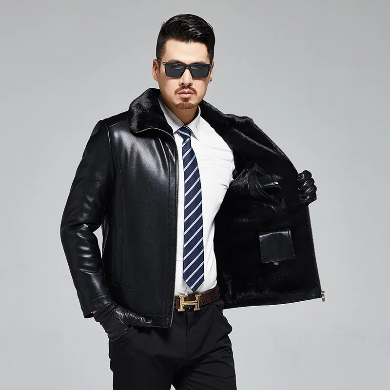 

1926 Men's Fur-in-One Sheepskin Coat Middle-aged and Old Aged Men with Thickened Turn-over Collar Winter Leather Jacket