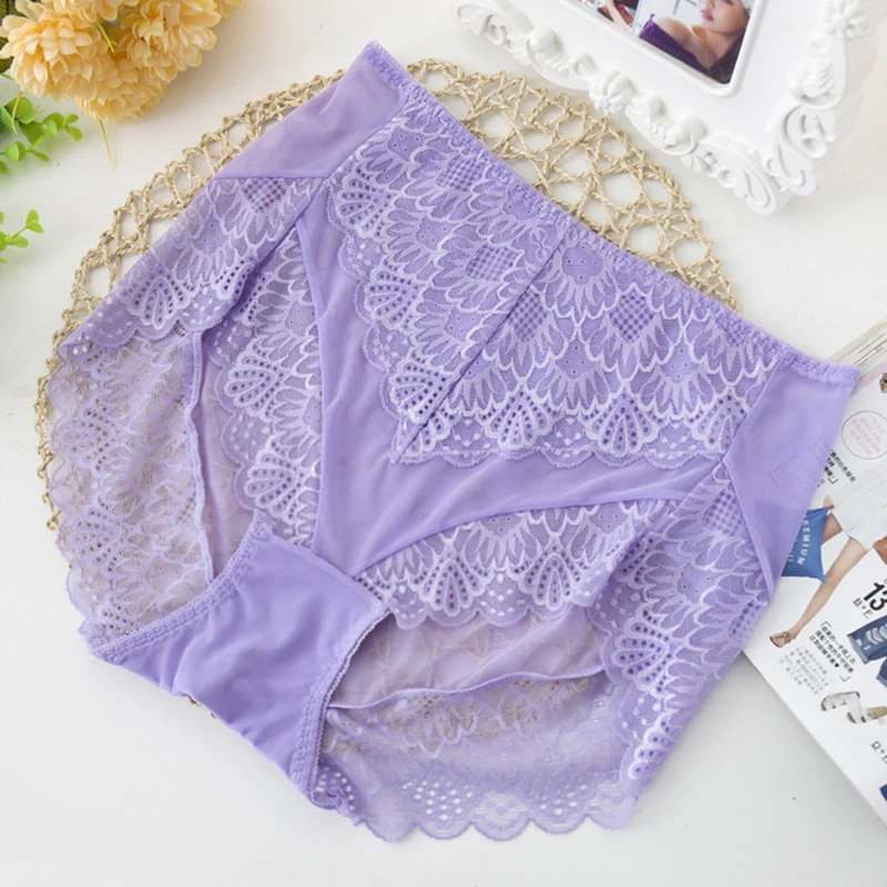 Light Purple Большие размеры женские трусики с высокой талией сексуальные кружевные прозрачные трусики плюс размер Нижнее белье большой размер трусы женские 4XL - Цвет: Light Purple