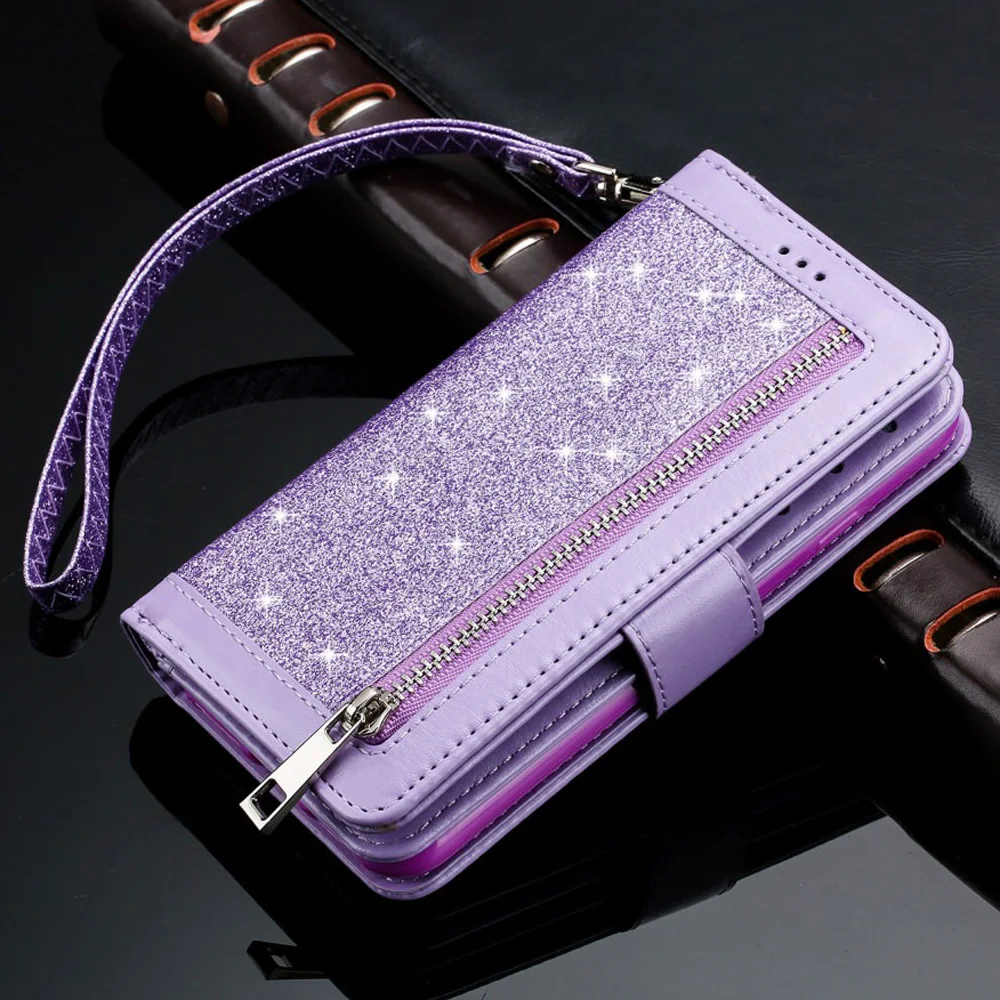 Purple LCHULLE Роскошные блестящие чехлы-бумажники из искусственной кожи на молнии для IPhone XR 11 Pro XS MAX X 6 6S 7 8 Plus с карманами для карт откидная крышка оболочка - Цвет: Purple