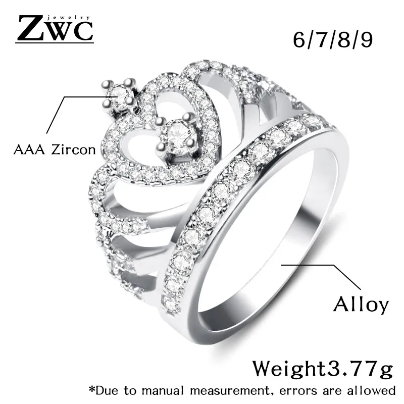 

ZWC New Fashion Luxury AAA Zircon Crown Ring for Women Girl Wedding Party Elegant Romantic Crystal Rings Gift Jewelry Wholesale