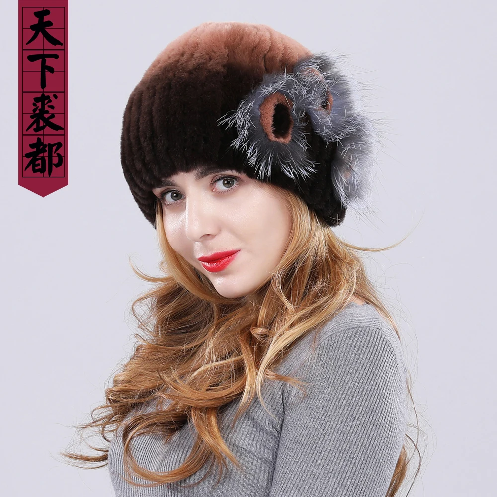 Зимние Для женщин Настоящий мех кролика Шапки леди 100% из натурального меха