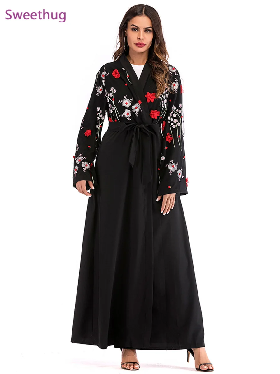 Абая Дубай Арабский Кафтан мусульманское платье для женщин кардиган хиджабы Рамадан ИД с цветочной вышивкой с длинным рукавом арабские мус...