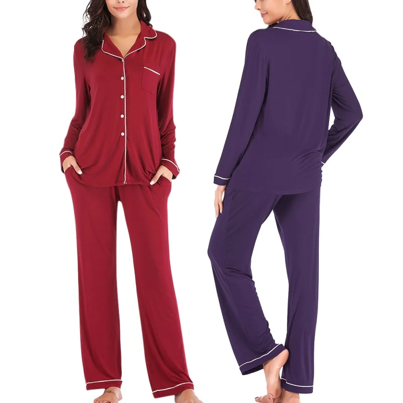 

2 Pieces Women Sleepwear Solid Color Pajamas Sets Autumn Long Sleeve Top and Long Pant Ladies Pyjamas Suit