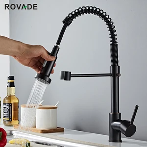 rovode kitchen faucets solid brass single handle single lever pull down sprayer spring kitchen sink faucet matte black 8032 free global shipping