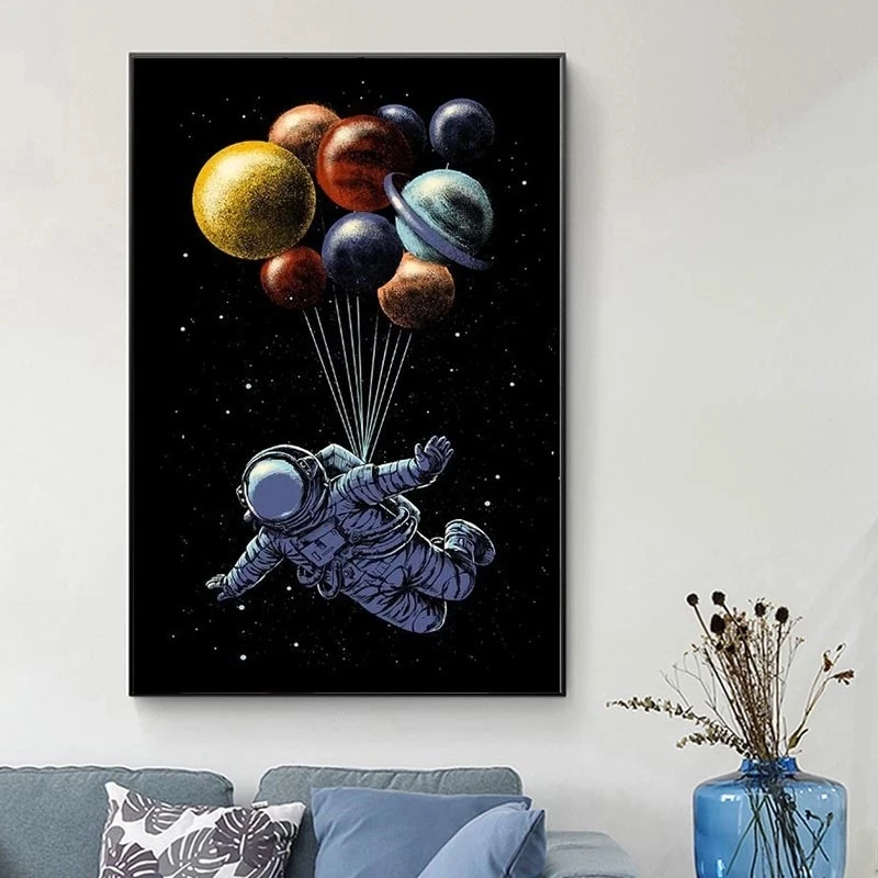 

Cartoon Art Space Traveler Posters And Prints Canvas Abstract Astronaut Canvas Paintings On the Wall Art Pictures For Kids Room