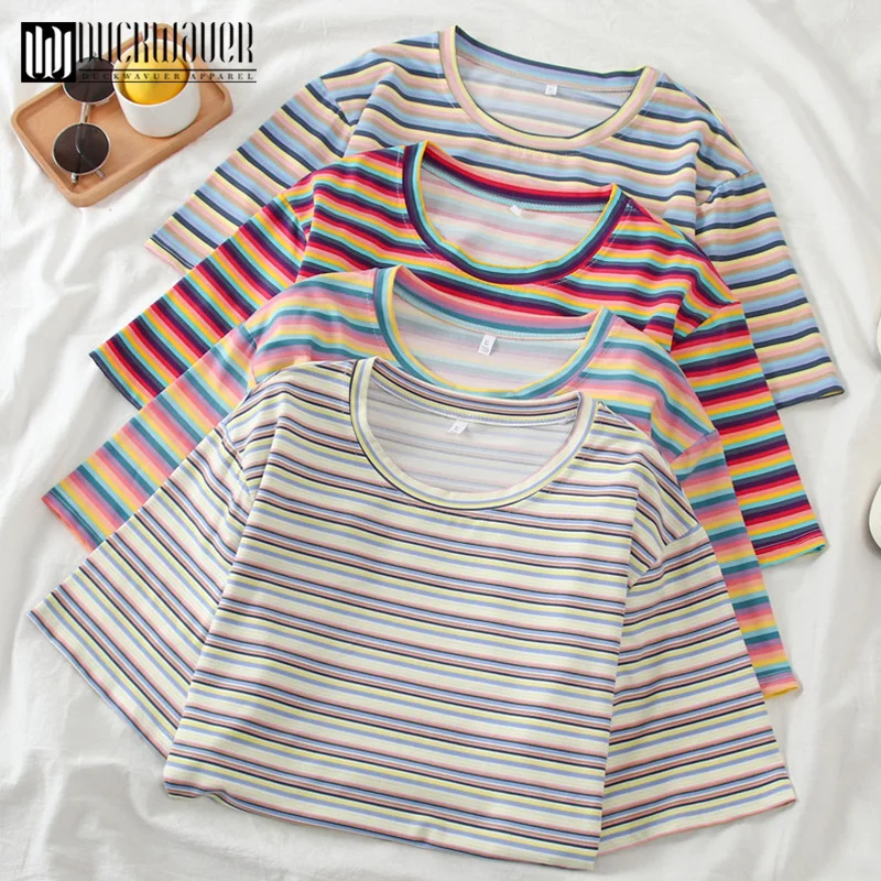 Женская футболка в полоску Duckwaver Повседневная Свободная минималистичном стиле с