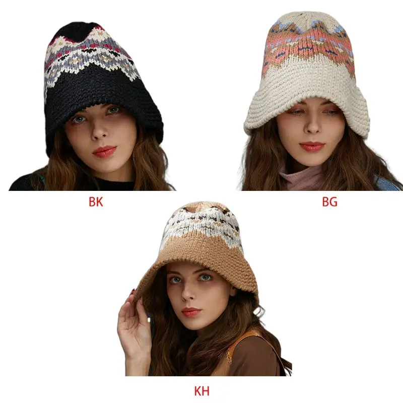 Женская зимняя вязаная шапка-ведро с широкими полями в этническом винтажном