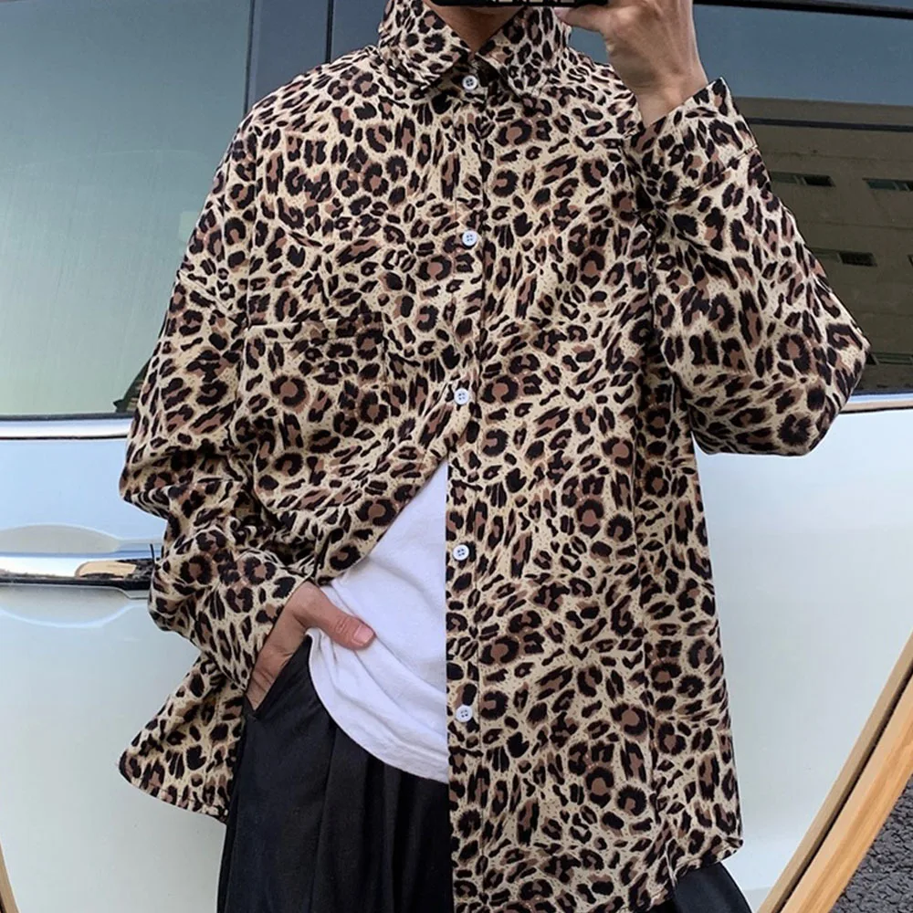 

2021 Spring Leopard Shirt Men Long-Sleeved Japanese Tide Retro Ins Wild Student Handsome High Street Trend Teens Clothes