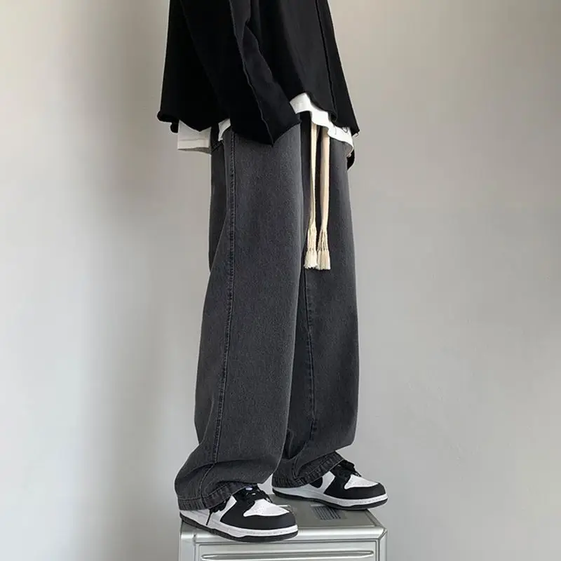 

High street style jeans men straight trousers 2021 autumn winter new fashion vintage hip-hop high waist wide-leg pants trend