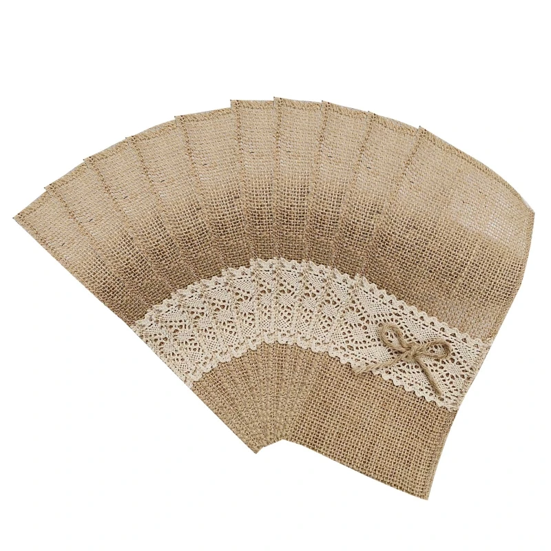 Набор из 10 штук мешков из джута с кружевом для вилок и ножей для свадебной вечеринки, семейного обеда, ресторана, кофейни.