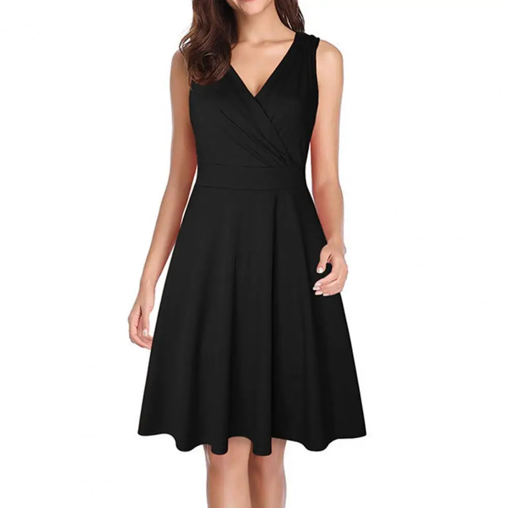 

2021 New Fashion Formal Temperament Party Dress Vintage Loose Hem Mini Deep V Neck Sexy Sleeveless Solid Color Dress for Dating