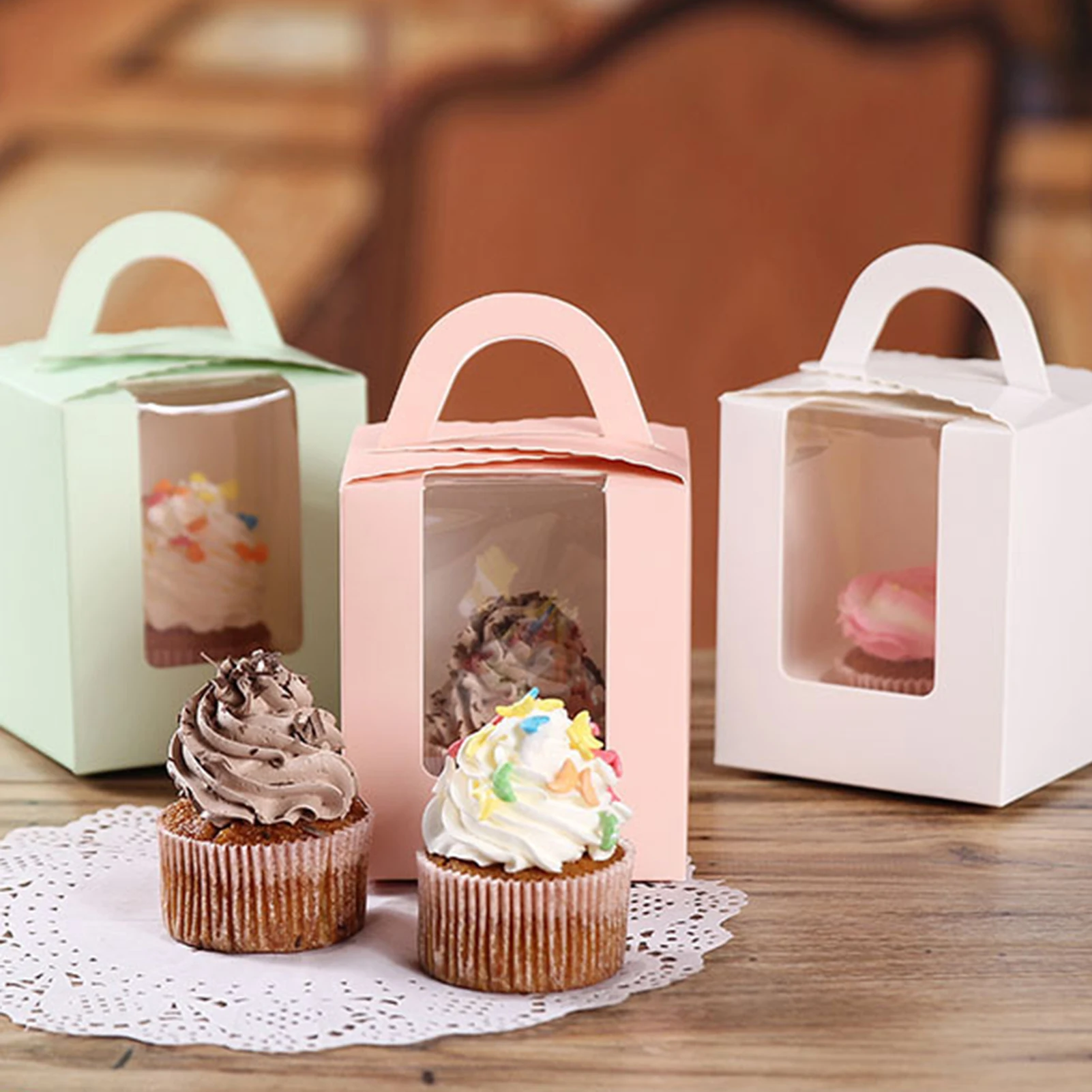 

50pcs Cupcake Box with Window and Handle Cake Carrier Small Cake Gift Container for Bakery Wedding Party Birthday Supply HY99