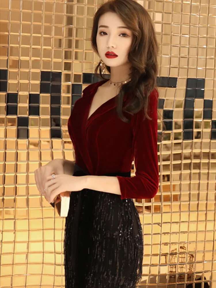 Вечернее платье, сексуальное, с глубоким v-образным вырезом, Robe De Soiree, рукав три четверти, женские вечерние платья, с блестками, элегантные вечерние платья F227
