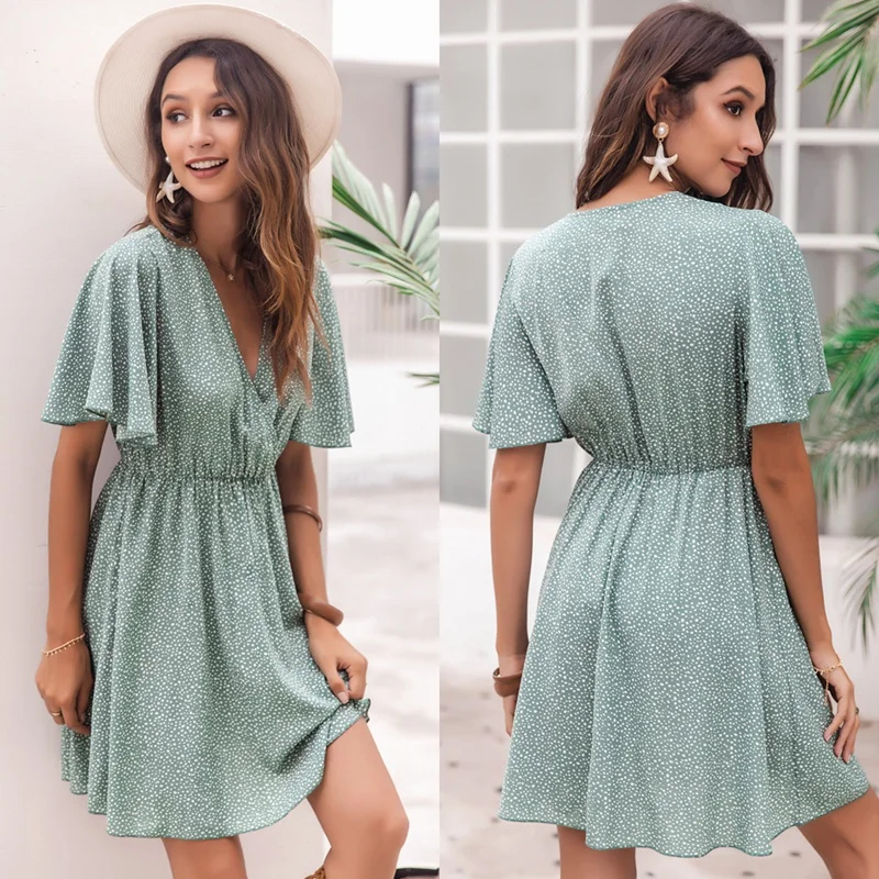 

Женское платье для отпуска, в горошек, с V-образным вырезом, зеленое