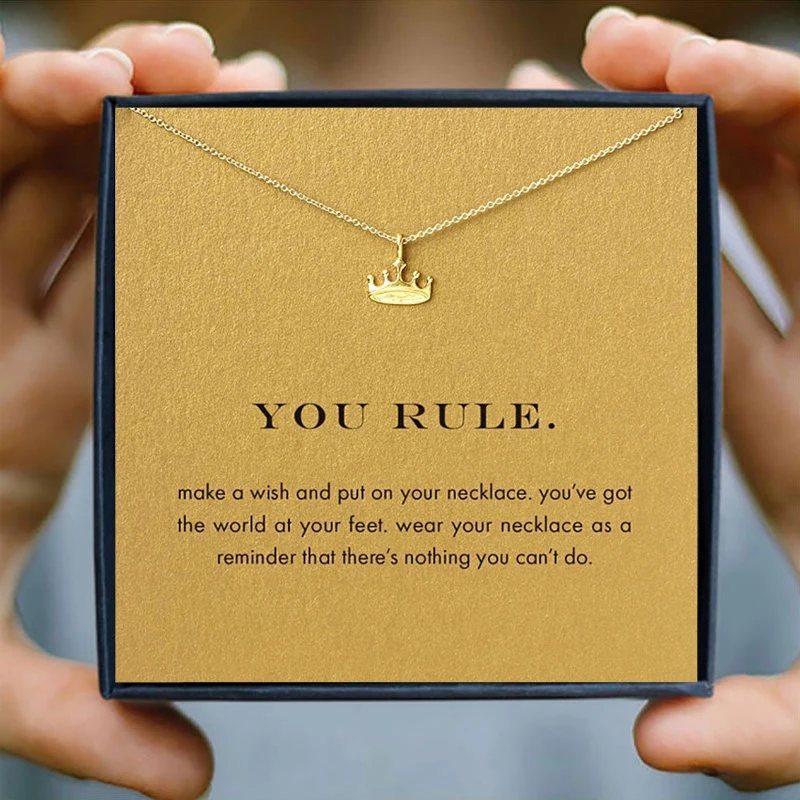 

IcareU You Gold Rule Crown Pendant Necklace Wedding Gift Princess Birthday Box Alloy Clavicle Short Chain Make Wish Card New