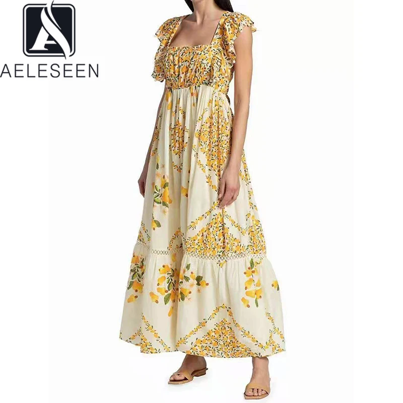 

AELESEEN Runway Fashion Summer Dress Slash Neck Ruffles Backless Yellow Flower Print Long Party Holiday Ladies Dress