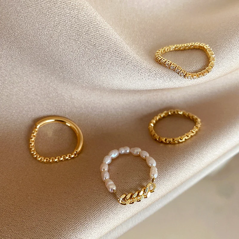 

4 Types Gold Pearl Metal Rings for Women Girls Friends Shiny Zircon Splicing Chain Ring Freshwater Pearls Punk Jewelry Sets Gift