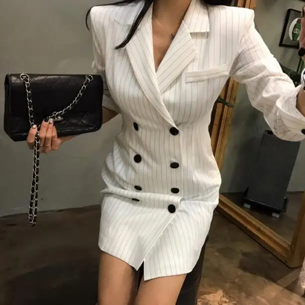 2020 New Office Lady Long Sleeve Profession Women Dress Empire Straight Striped Double Button Turn-down Collar Mini DF732 | Женская