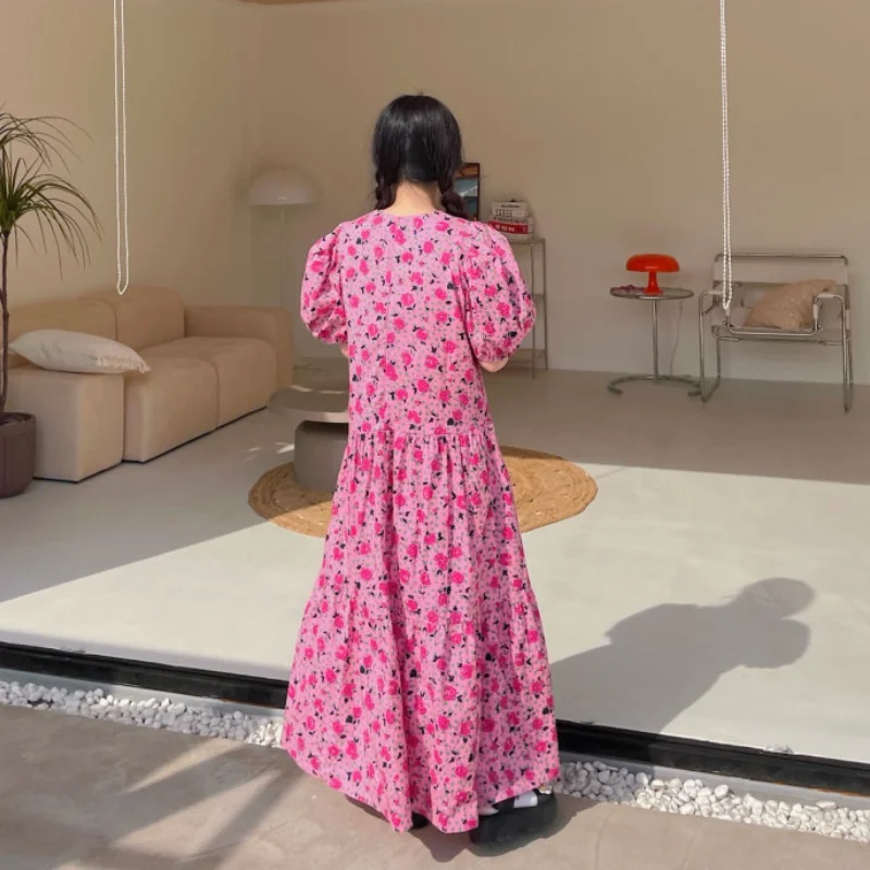 

Women Dress 2021 Summer Korean Chic Sweet Robe Vintage Temperament Floral V Neck Puff Sleeve Vestidos High Waist Dresses