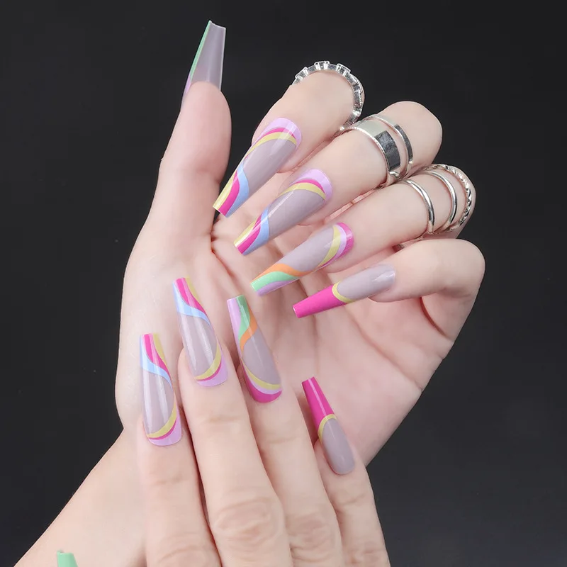 

24PCS Colorful Lines False Nails Girls Sweet Style Long Press on Nails Wearable Finished Nail Piece with Jelly Gel DW