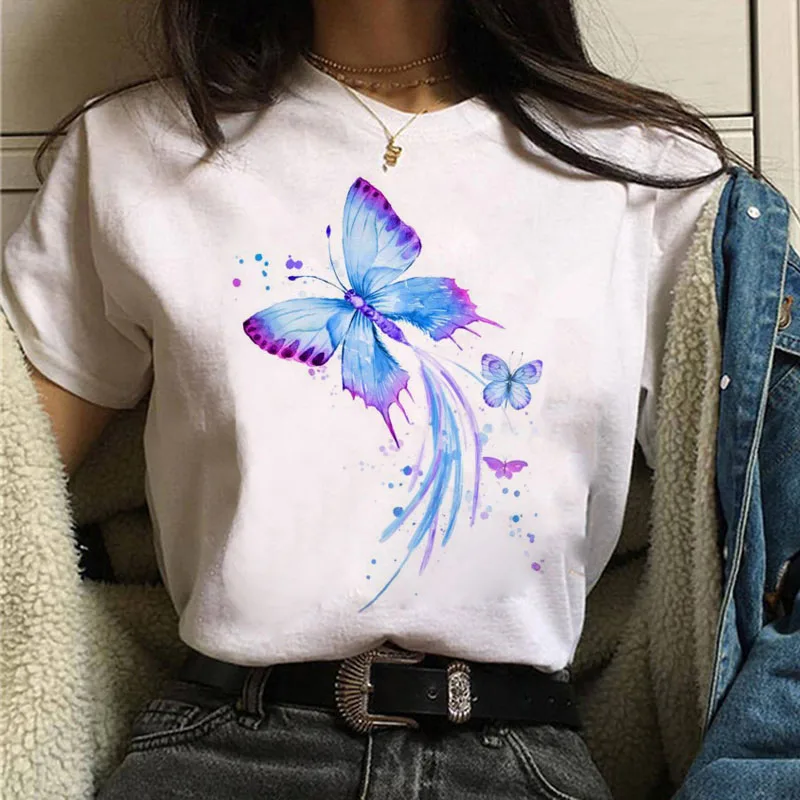 

Watercolor Butterfly Print Fashion Women Tshirt Female Casual White Tops 90s Girls Short Sleeve Tee Ropa Mujer De Moda