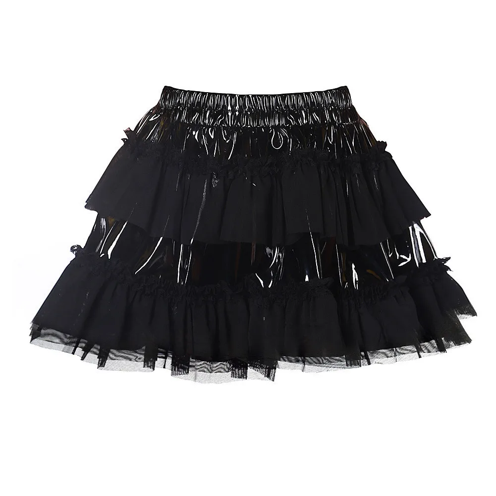 Women's Gothic Black PVC Leather Mesh Patchwork Ruffle Mini Skirt DS Clubwear