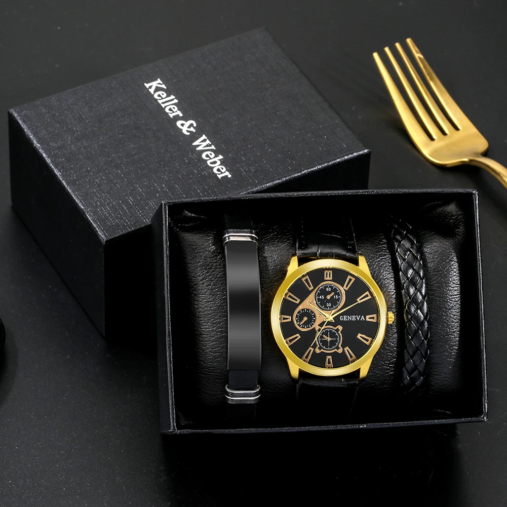 

Fashion Men Watch Set 4Pcs Top Brand Alloy Leather Band Watches Adjustable Woven Bracelet Business Gift for Husband Boyfriend