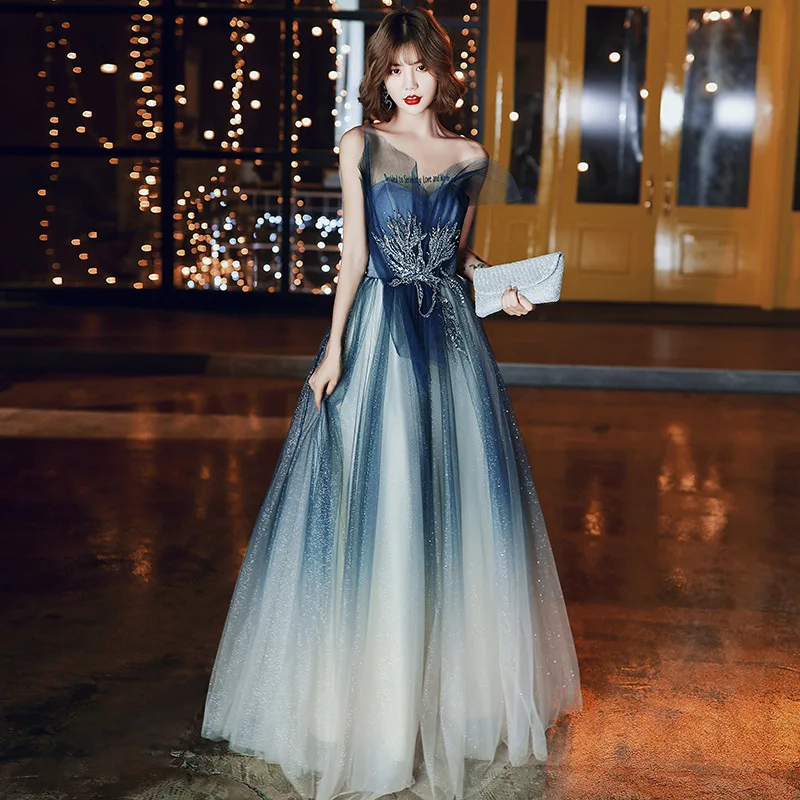 

Gradient Blue Women Banquet Evening Dress Sweet Applique Pleated Dresses Floor-Length Princess Skirt Prom Gown Vestidos De Festa