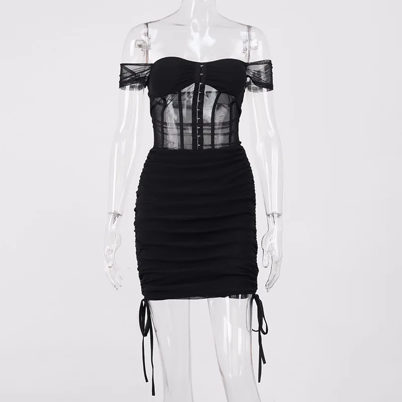 

2021 New Spring and Summer Women's Pure Color Black Pleated Mesh Sexy Party Fashion Perspective Women's Dress