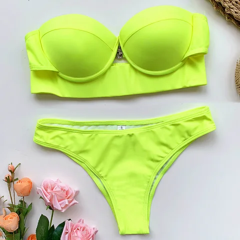 Sexy Neon Green Push up Bra cup bikini Women bandeau Swimsuit Female Swimwear Two pieces bikini set Brazilian Bathing Suit Swim