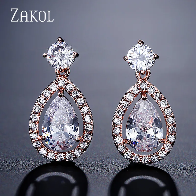 Длинные серьги в виде капель из белого/розового/желтого золота от ZAKOL, женские серьги-капельки с прозрачным кристаллом для ногтей, ослепительный свадебный подарок FSEP2263