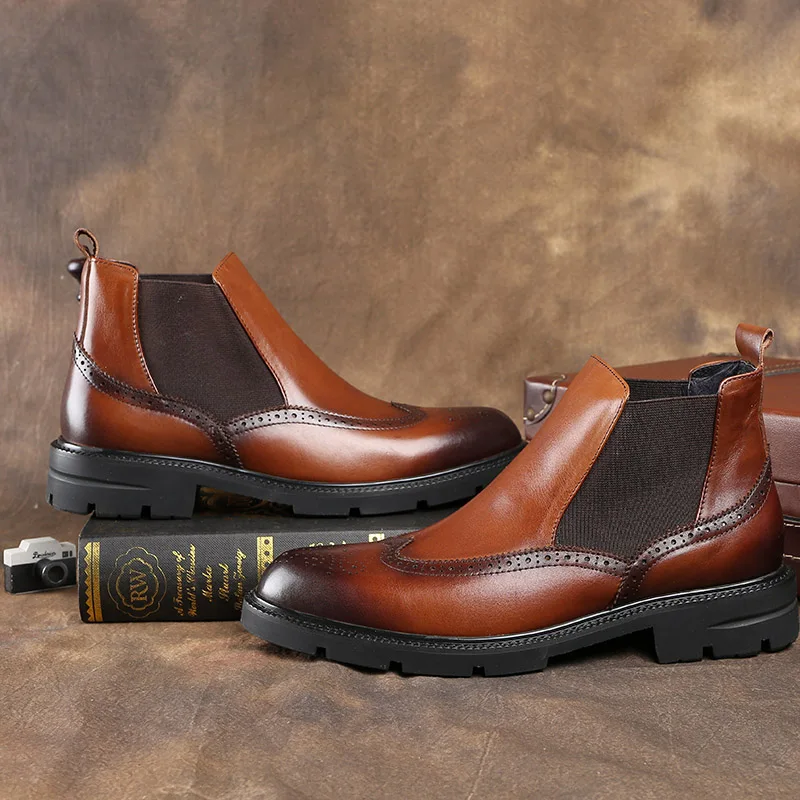 Модные черные/коричневые классические ботинки мужские челси из натуральной кожи