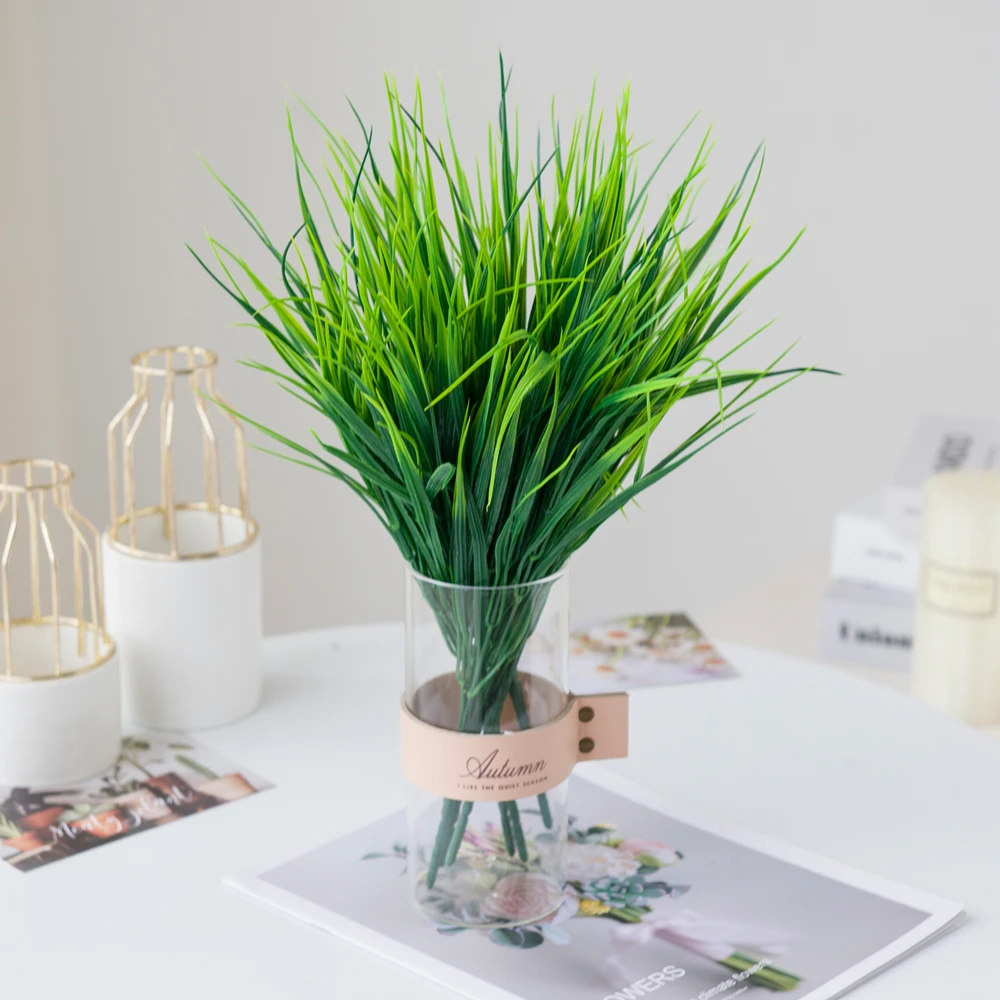 

7 Forks Artificial Flower Cheap Fake Plastic Green Grass Plant Wedding Decorative Arrangement Christmas Vase for Home Decoration