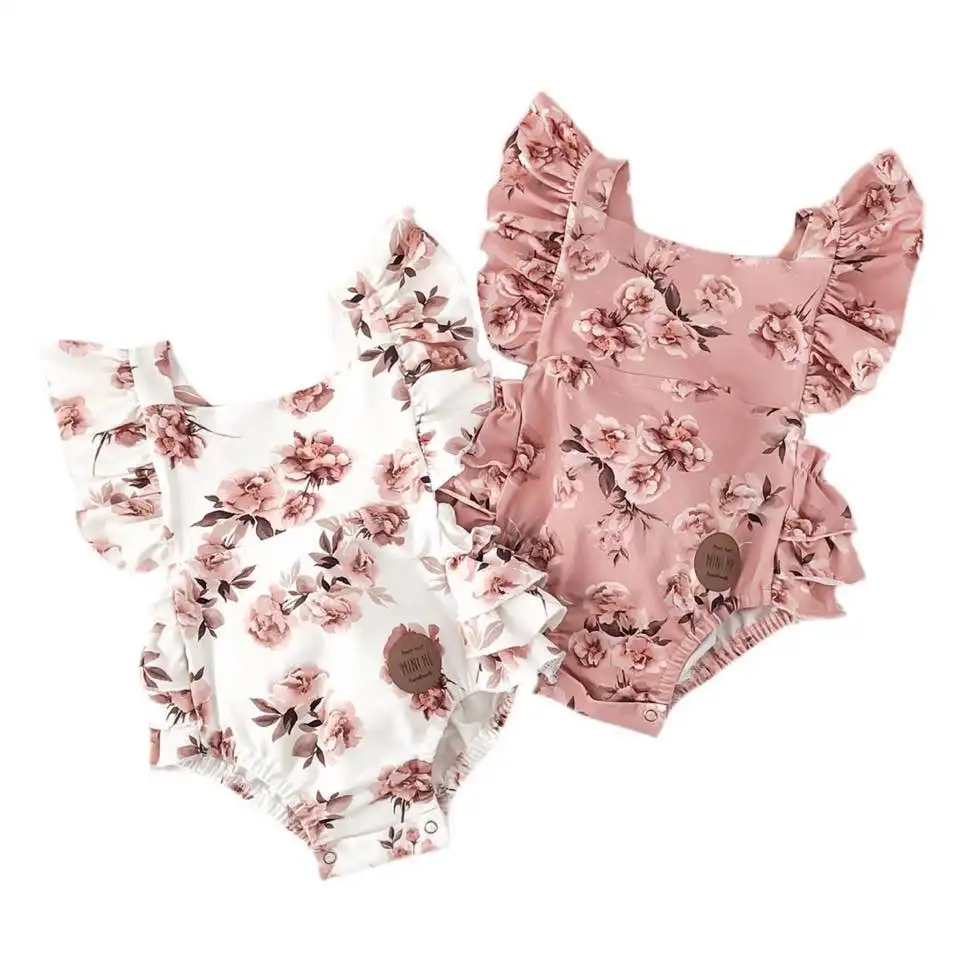 

Baby Summer Clothing Infant Newborn Baby Girl Floral Bodysuits Sleeveless Ruffled Jumpsuits With Headband