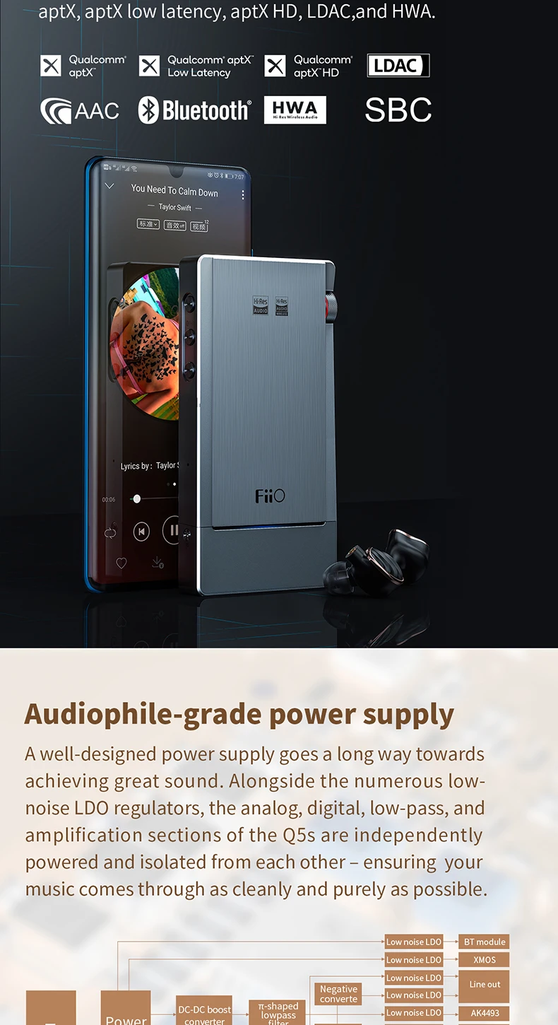 FiiO Q5s(THX-AAA AM3D) Bluetooth 5,0 AK4493EQ dsd-способный ЦАП и усилитель, USB ЦАП усилитель Q5s для iPhone/компьютера/Android/sony