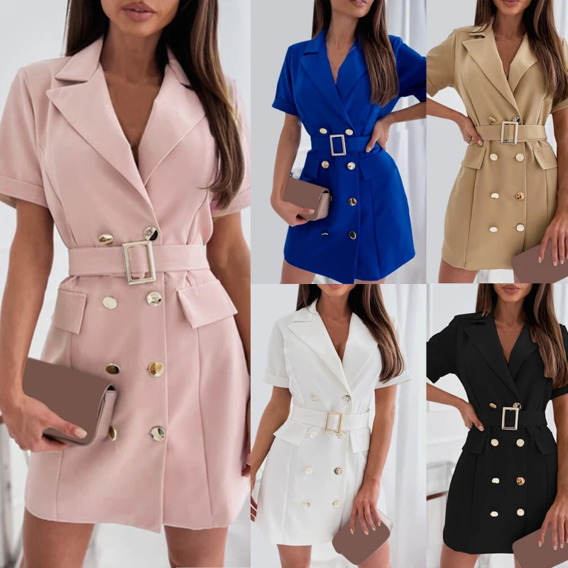

Sexy Lapel Slim Belt Short Sleeve Dress Summer Office Lady Solid A-Line Party Dresses Elegant Women Double-Breasted Suits Dress