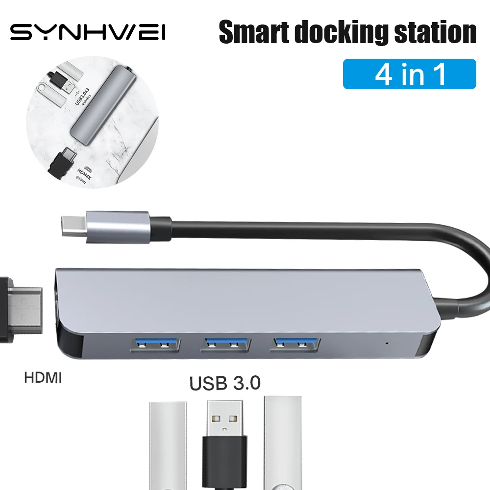 

4 in 1 USB C Hub Type-C Splitter For Laptop Adapter HDMI 4K 4 Port Dock Station USB Hub 3.0 PC Computer Notebook Accessories