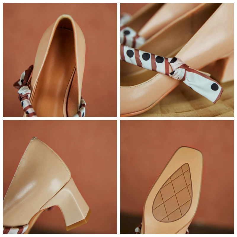 

REAVE CAT 2021 New Ribbons Pumps Mary Jane Square Toe Leather Slip-On 5.5cm Chunky High Spool Heel Big Size 33-41 Beige Apricot