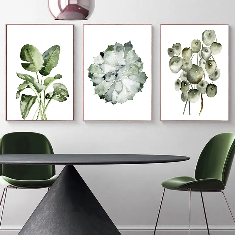 Плакаты и принты акварельных листьев настенная Картина на холсте с зелеными