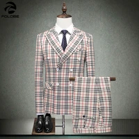 folobe classic british style khaki mens casual three piece suit plaid double breasted casual mens suits for everyday outings