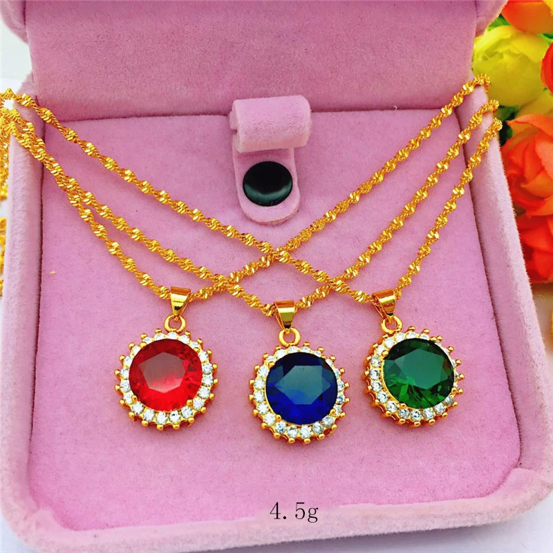 

14K GOLD NECKLACE FOR WOMEN'S WEDDING ENGAGEMENT JEWELRY YELLOW GOLD CHAIN NECKLACE WITH RED BLUE GREEN STONE PENDANT GEMSTONE