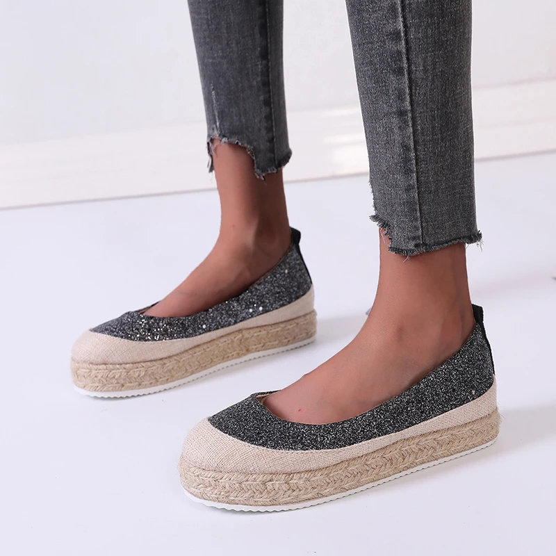 

Women's Casual Shoes 2021 Autumn New Sequined Thick-soled Lazy Shoes Hemp Rope Woven Loafers Outdoor Comfortable Casual Shoes