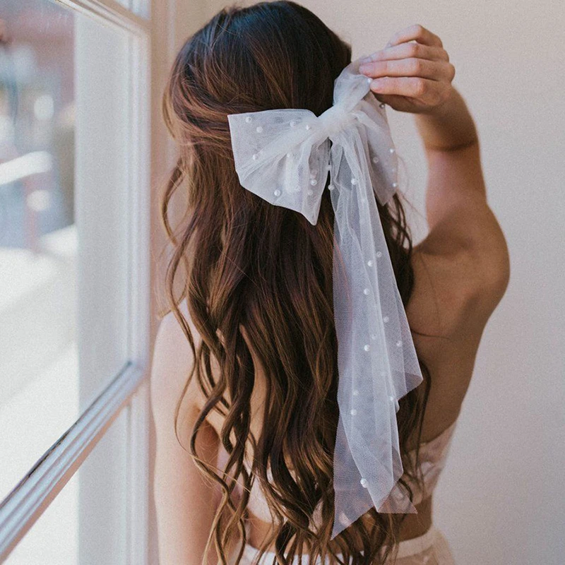 

Korean Fashion White Big Bow Hair Clip for Women Hairpins Long Ribbon Mesh Fake Pearls Barrette Wedding Hair Accessories