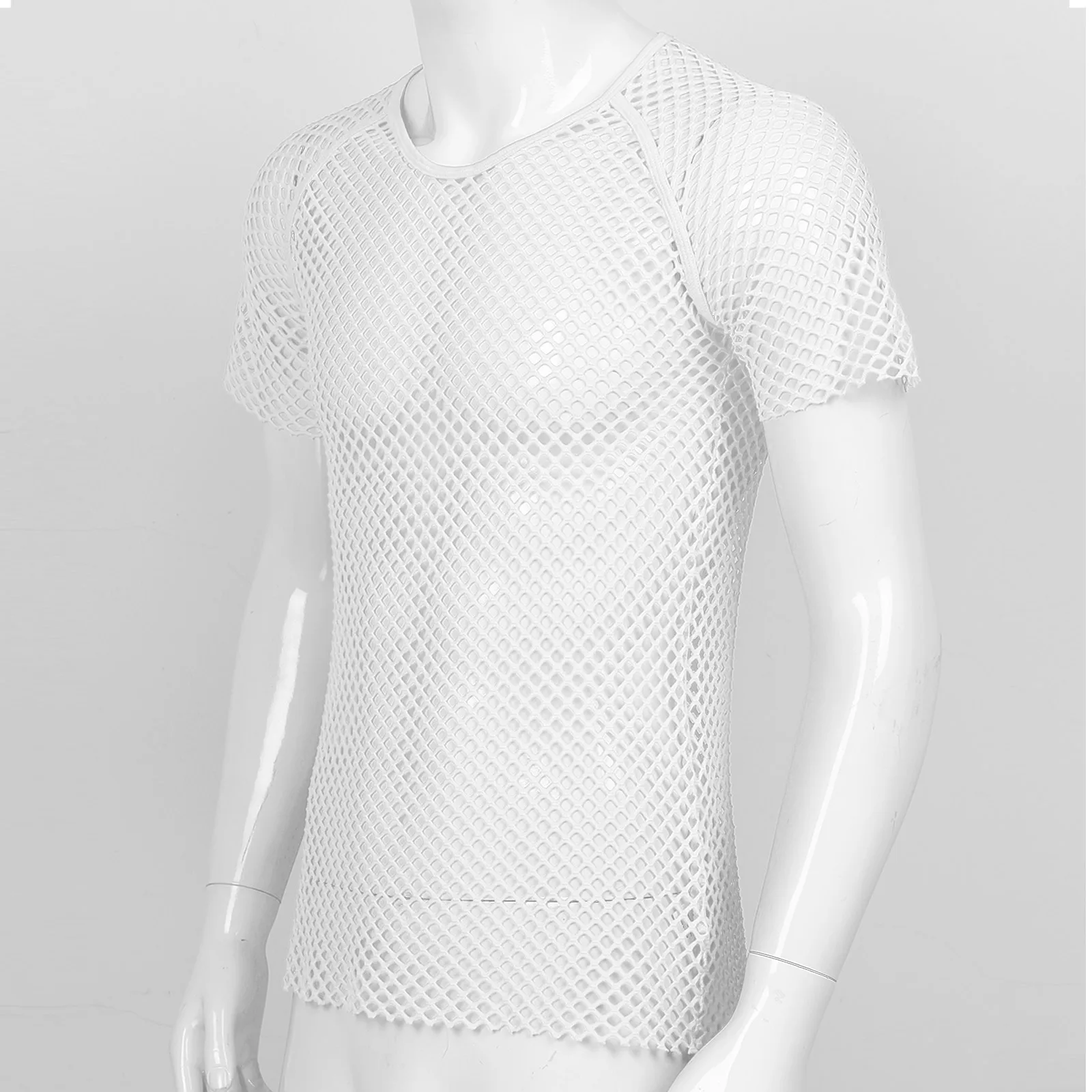 

Men See-through Hollow Out Fishnet Mesh Shirt Round Neck Short Sleeve Tops Sexy Nightwear Clubwear Bar Stage Performance Costume