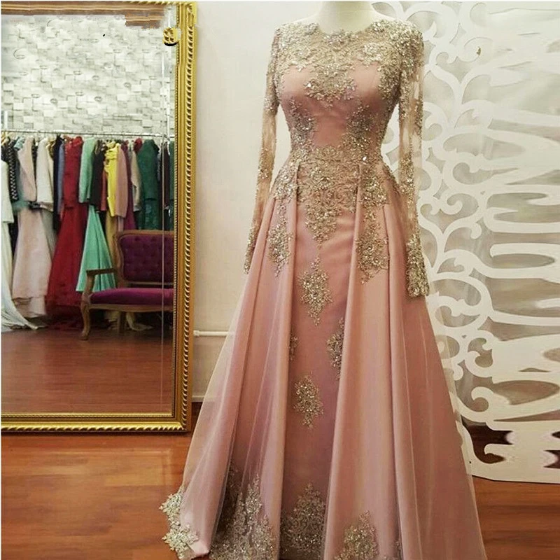 

Muslim Evening Dress Long Sleeves 2019 Lace Appliques Beaded Saudi Arabia Women Elegant Formal Party Prom Gown Robe De Soiree