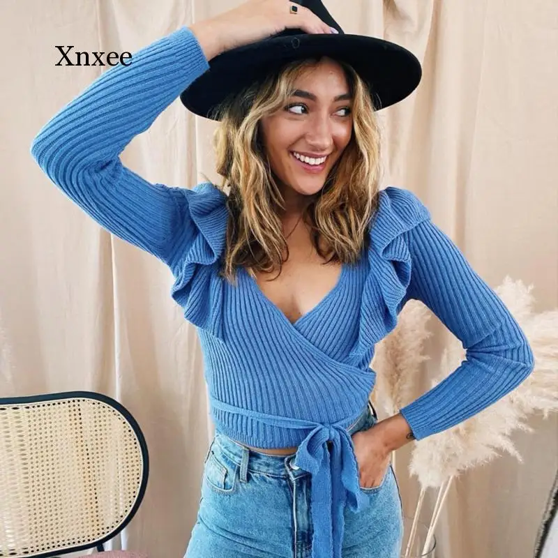 

Autumn Winter Vintage Sweet Sweaters Women Slim Sexy V-Neck Knit Sweater Long-Sleeved Ruffles Belt Women's Sweater Pullovers