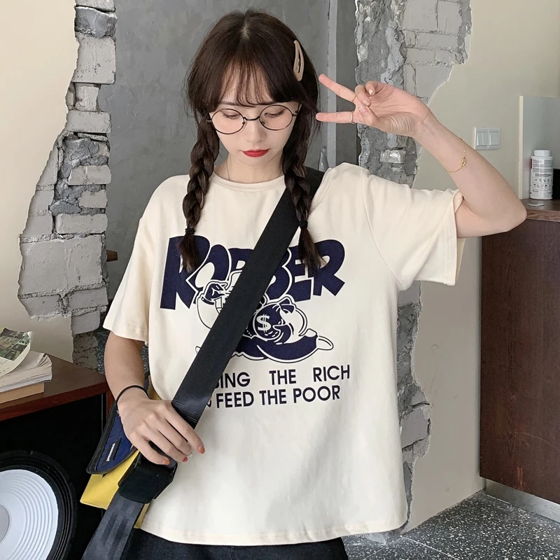 

Европейская и американская Ретро футболка с коротким рукавом женская летняя 2021 свободная корейская мода в стиле Харадзюку шикарная Гонкон...