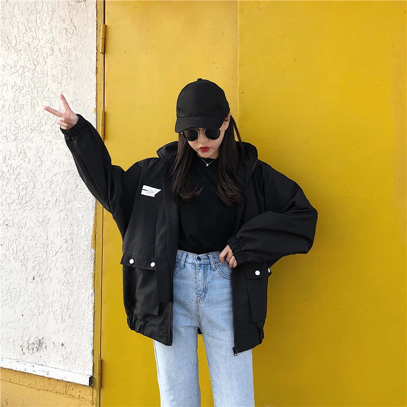 Куртка женская весна и осень Корейская версия оснастки Harajuku Свободная куртка Студенческая с капюшоном порт ветер бейсбол одежда