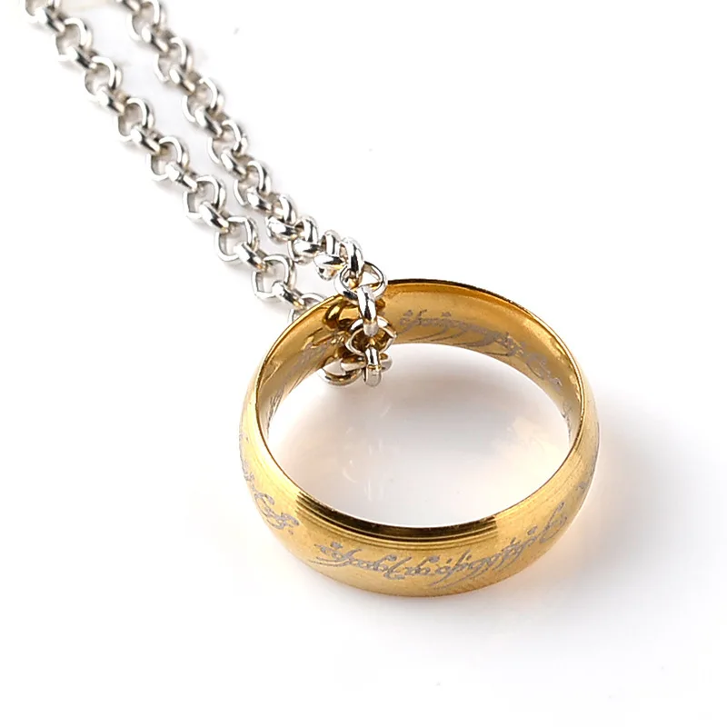 Stainless Steel Movie Jewelry One Ring Of Power Elf Bilbo Baggins Gollum Tolkien Letter Necklaces Gold Black  Men images - 6