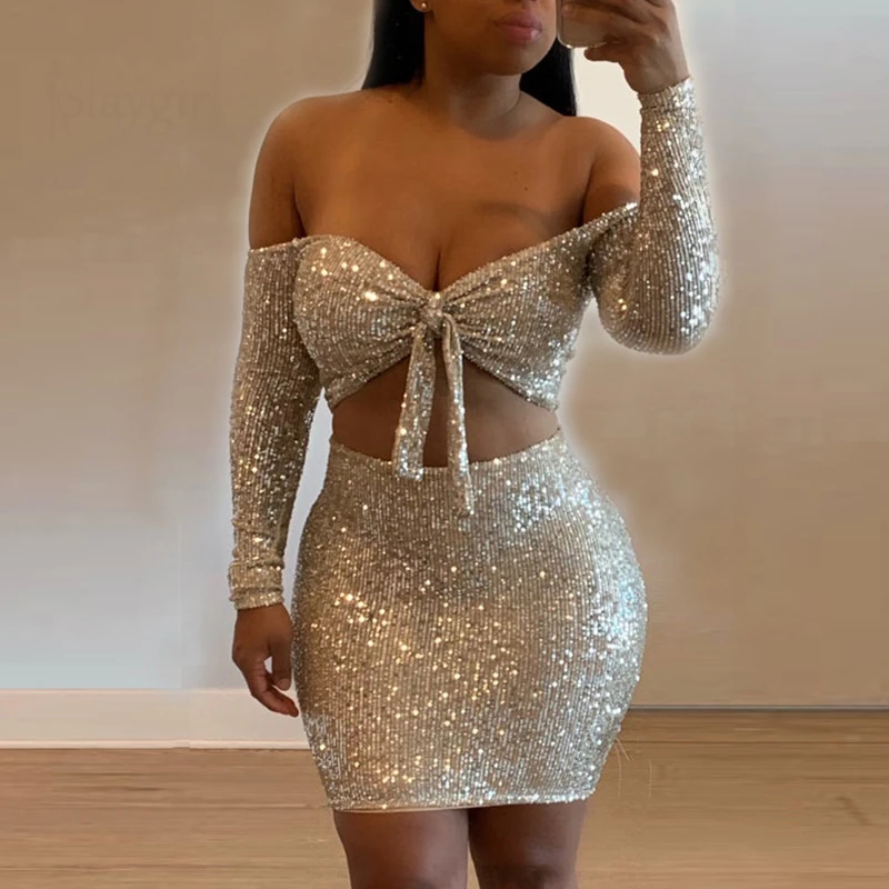 Женское облегающее платье с блестками EvaQueen вечернее мини бантом и открытыми
